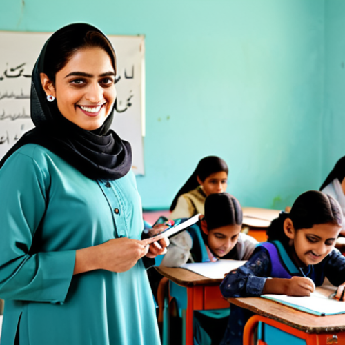 **

A professional female teacher in a modest shalwar kameez, standing in a bright and colorful classroom decorated with Urdu calligraphy and children's artwork. She is smiling warmly at a group of students who are diligently working on their assignments. The scene is well-lit and cheerful, depicting a positive learning environment. safe for work, appropriate content, fully clothed, professional, perfect anatomy, natural proportions, high-quality render.

**