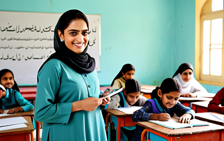 **

A professional female teacher in a modest shalwar kameez, standing in a bright and colorful classroom decorated with Urdu calligraphy and children's artwork. She is smiling warmly at a group of students who are diligently working on their assignments. The scene is well-lit and cheerful, depicting a positive learning environment. safe for work, appropriate content, fully clothed, professional, perfect anatomy, natural proportions, high-quality render.

**
