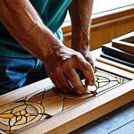 "A craftsman meticulously shaping a piece of wood to fit a stained glass panel, woodworking tools scattered around, natural light, close-up shot, safe for work, appropriate content, fully clothed, professional, modest, perfect anatomy, correct proportions, natural pose, high quality, well-formed hands, proper finger count, natural body proportions."