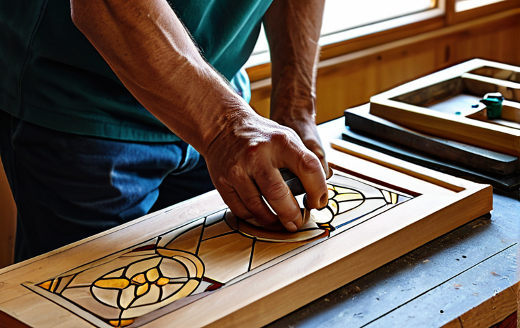 "A craftsman meticulously shaping a piece of wood to fit a stained glass panel, woodworking tools scattered around, natural light, close-up shot, safe for work, appropriate content, fully clothed, professional, modest, perfect anatomy, correct proportions, natural pose, high quality, well-formed hands, proper finger count, natural body proportions."